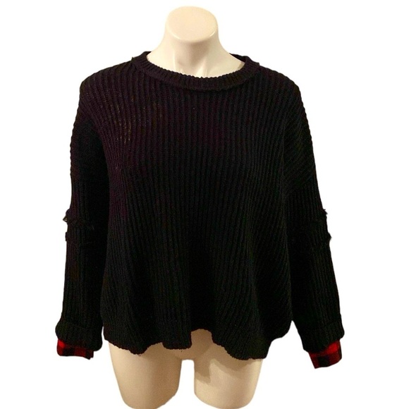 Vintage Havana Sweaters - Vintage Havana Black and Red Scoop Neck Plaid Patchwork Pullover Sweater